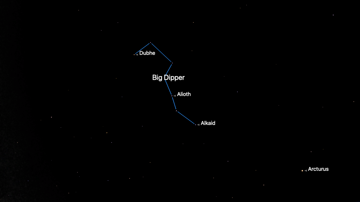 A simulation of the night sky for March 18 showing the stars of the famous Big Dipper asterism connected by a blue line on a black background. The bright star Arcturus is also labelled to the bottom right of the screen.