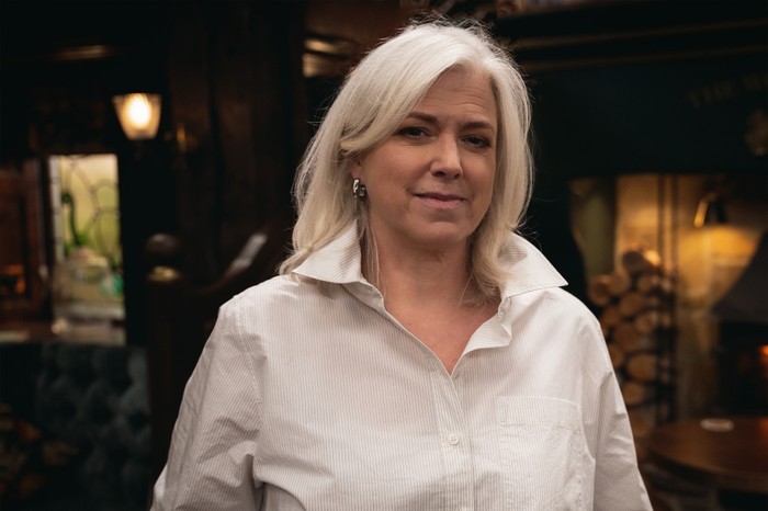 Caroline Harker as Doctor Todd in Emmerdale, wearing a white shirt.