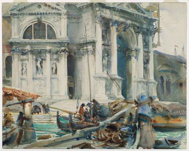 Watercolor painting of gondolas and people by a large ornate building with columns and statues, set beside a canal.