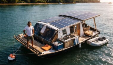 A catamaran powered by solar energy, solar panels, an electric motor, and lithium batteries: how Simon cooks, makes drinking water, and sails without diesel.