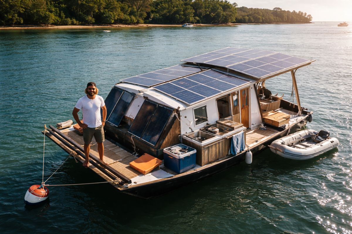 A catamaran powered by solar energy, solar panels, an electric motor, and lithium batteries: how Simon cooks, makes drinking water, and sails without diesel.