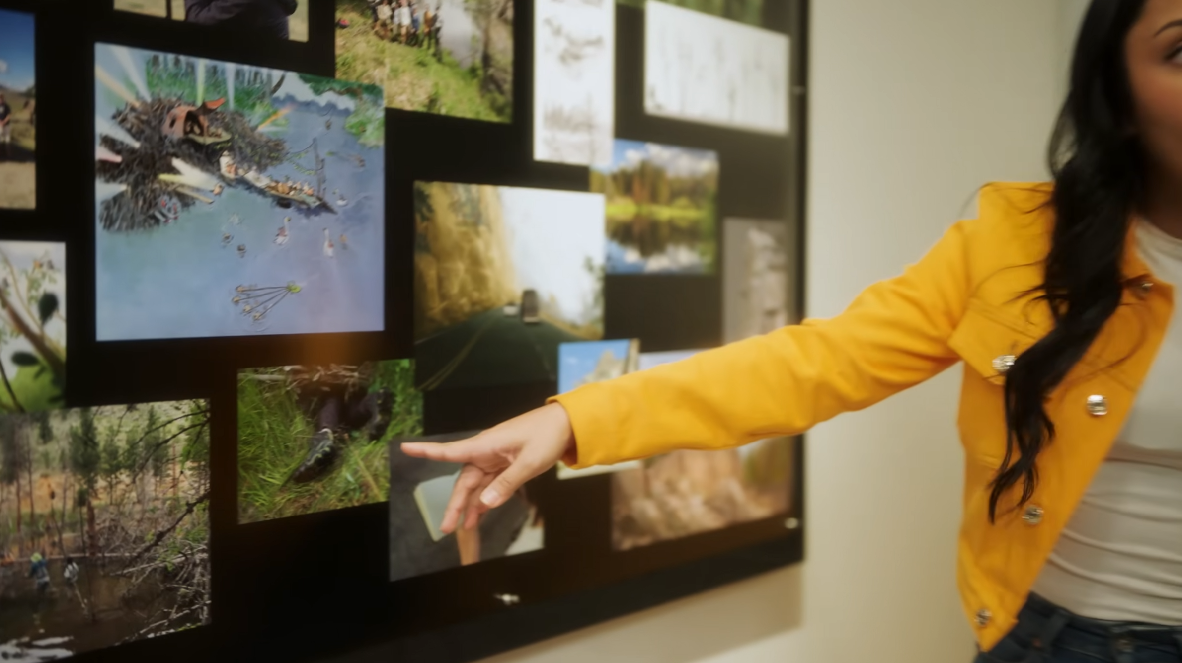 An image from the making of Hoppers showing a board that includes a photo showing Hoppers' director crawling into a beaver lodge
