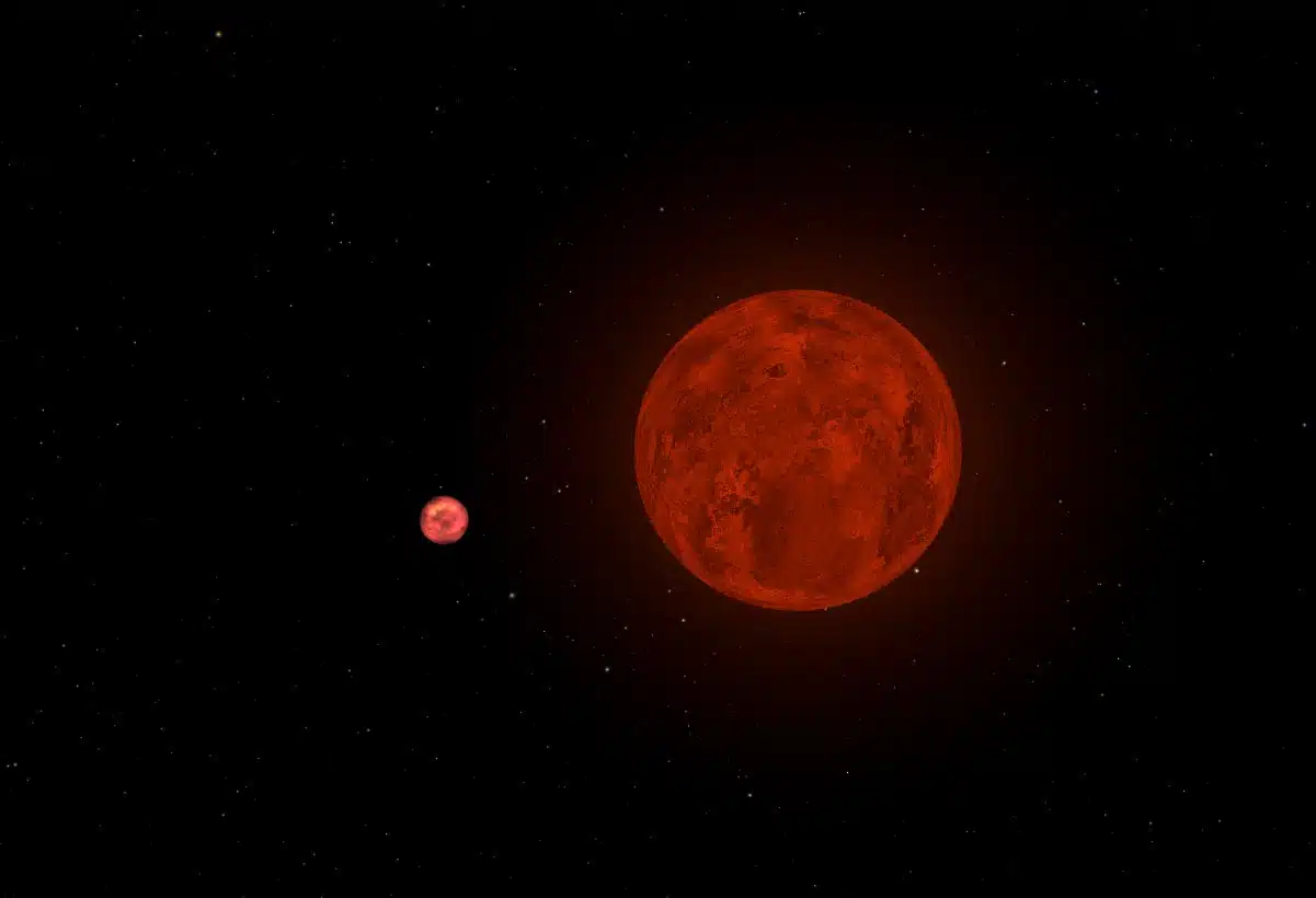 Exoplanet Lhs 3844b (left) Has 1.3 Times Earth's Mass And Orbits The Star Lhs 3844 (right).