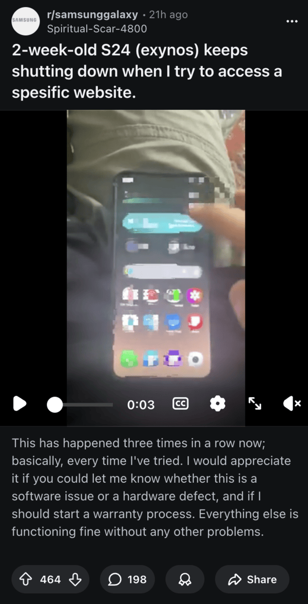 Exynos powered Galaxy S24 restarting.