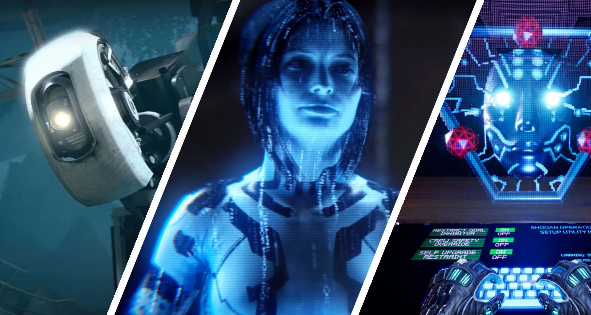 Split image showing three sci-fi games featuring AI. Left: GLaDOS from Portal, Middle: Cortana from Halo, Right: SHODAN from System Shock.