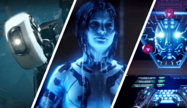Split image showing three sci-fi games featuring AI. Left: GLaDOS from Portal, Middle: Cortana from Halo, Right: SHODAN from System Shock.
