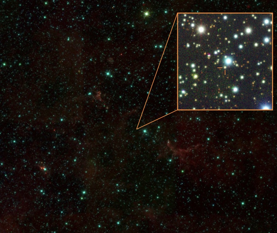 A starfield with an inset box zooming into a particular area. One star within the inset box is highlighted.