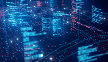Abstract technology image of running program code on digital data wave.