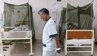 A dengue fever patient walks inside the Sergio Bernales National Hospital in the outskirts of Lima, Peru, on April 17, 2024. Credit: Juan Carlos Cisneros/AFP via Getty Images
