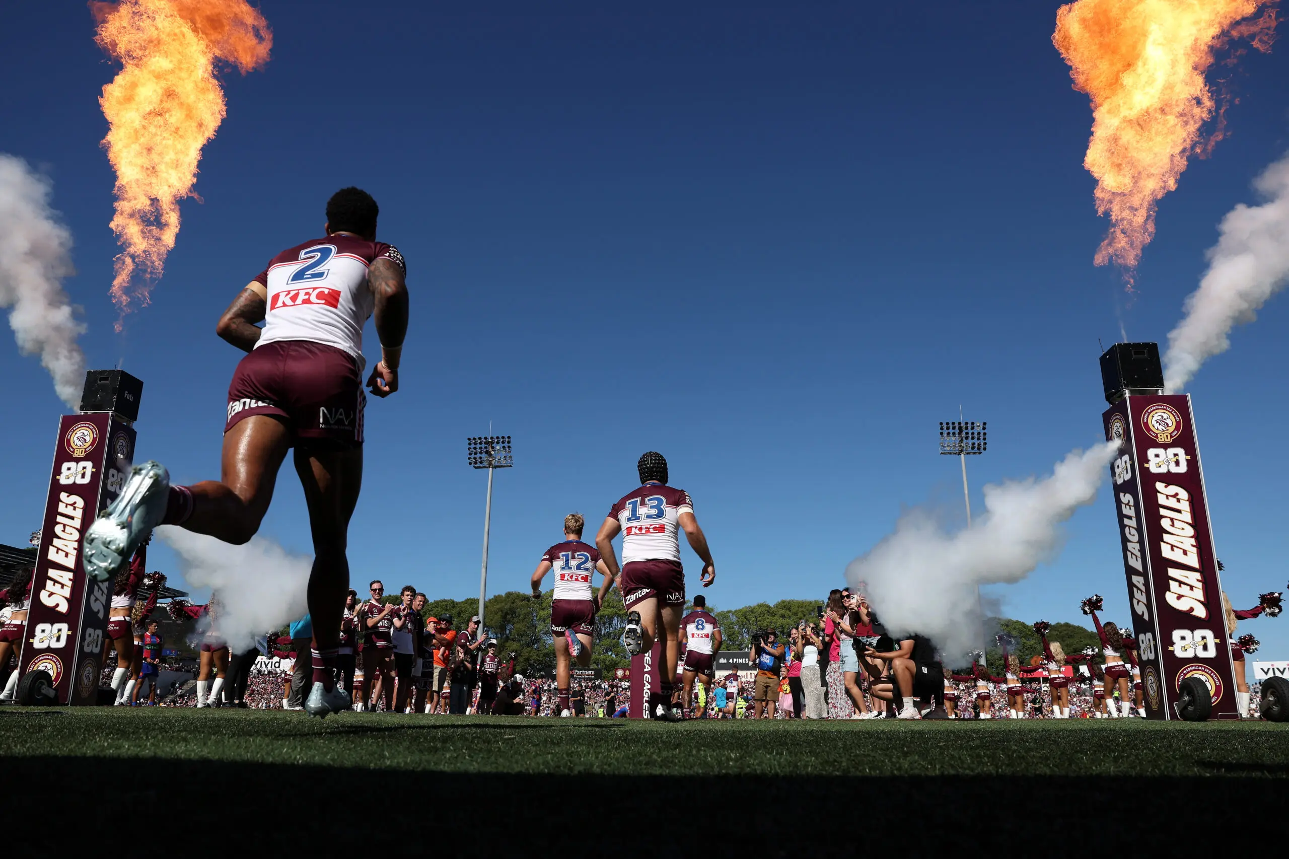 SYDNEY, AUSTRALIA - MARCH 15: Sea Eagles players take to the field during the round two NRL match between Manly Sea Eagles and Newcastle Knights at 4 Pines Park, on March 15, 2026, in Sydney, Australia. (Photo by Matt King/Getty Images)
