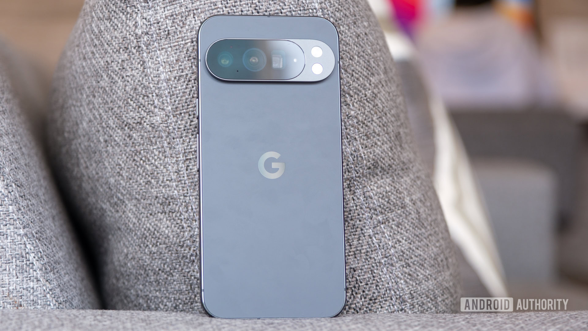 Google Pixel 10 Pro XL standing on couch