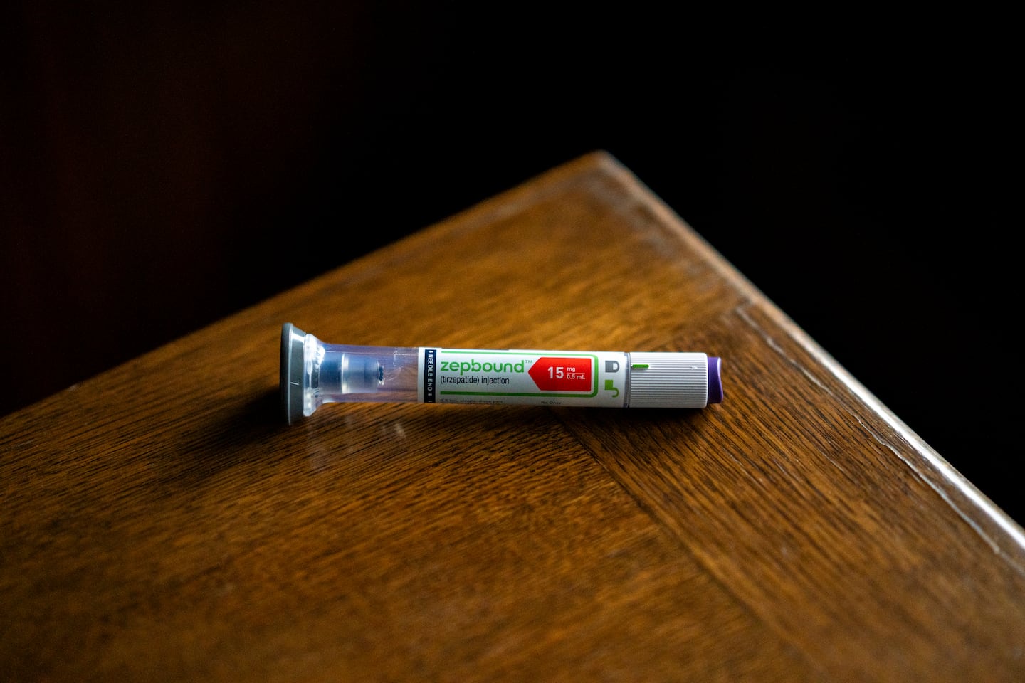 An injection pen of Zepbound is seen in Huntington, on May 6, 2025.