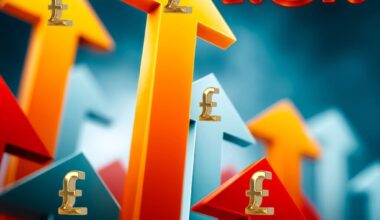 UK house prices rise 1.8% annually with property arrows and pound symbols indicating market growth