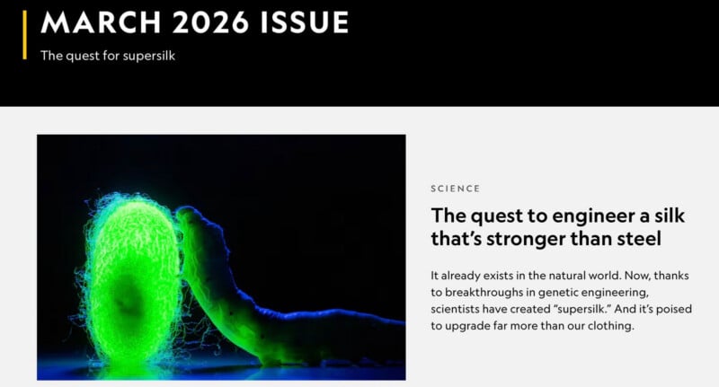 A glowing green silkworm spins a luminous silk cocoon against a black background; magazine text discusses genetic engineering for stronger silk in the March 2026 issue.
