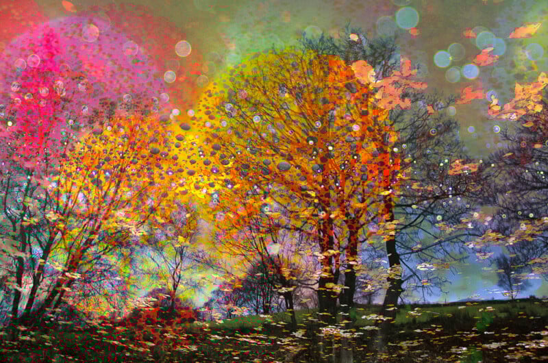 Colorful abstract scene showing bare trees overlaid with vibrant splashes of pink, yellow, orange, and blue. Circular light patterns and floating leaves create a dreamy, surreal autumn landscape.