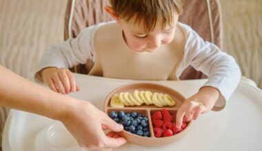 A mother woman gives her child a plate of fruits and berries