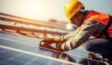 A man in protective gear putting up solar panels.