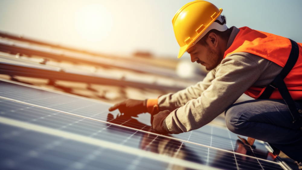 A man in protective gear putting up solar panels.