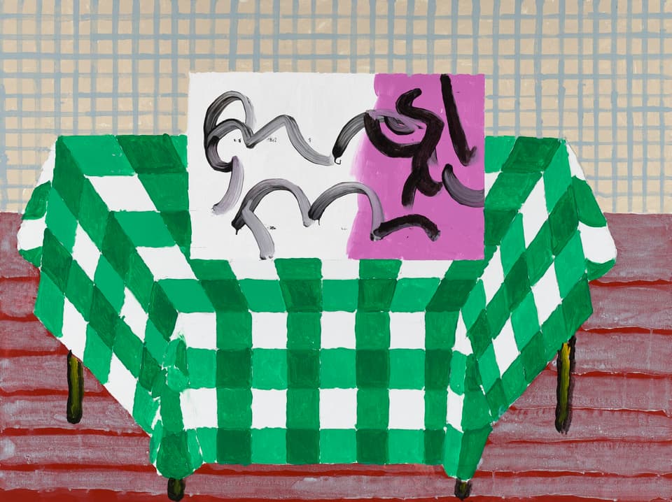 David Hockney, Abstraction Resting on a Green and White Checkered Tablecloth, 2025. Acrylic on canvas, 36 x 48 in. (91.4 x 121.9 cm) © David Hockney. Photo: Prudence Cuming