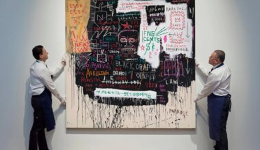 Two men in aprons adjusting a large abstract painting with various words, numbers, and symbols on a white gallery wall.