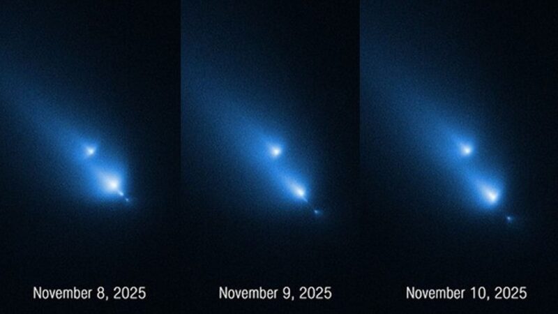 Comet breaks apart: 3 panels showing the breakup of a comet into 4 pieces of different brightness.
