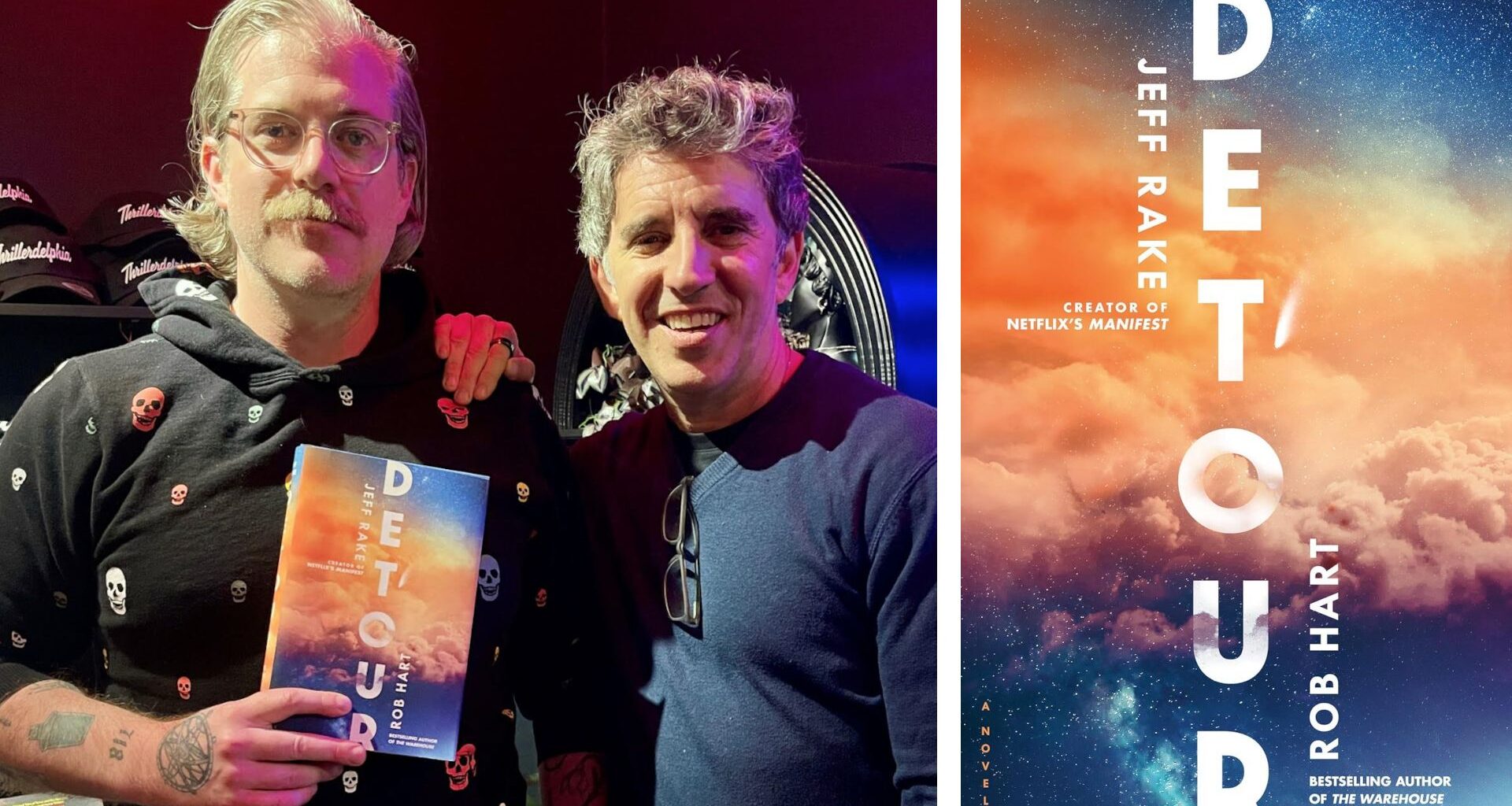 Two men on a book tour holding their novel, shown alongside a full image of the book cover