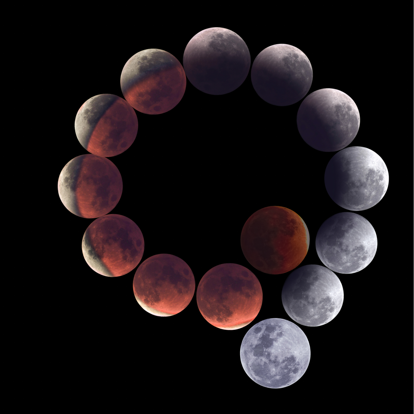 A composite image showing a string of full moons captured during a total lunar eclipse. The images of the lunar disk are arranged in a spiral set against a black background. The innermost moon is a dull red disk photographed during totality, while later moons show the waning partial phase of the eclipse, ending in an uneclipsed, silver lunar disk.