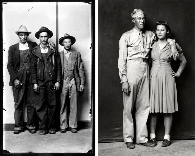 Split image: On the left, three men in work clothes and hats stand side by side. On the right, a man in a military uniform stands with a woman in a dress, her arm around his shoulder, both looking forward.