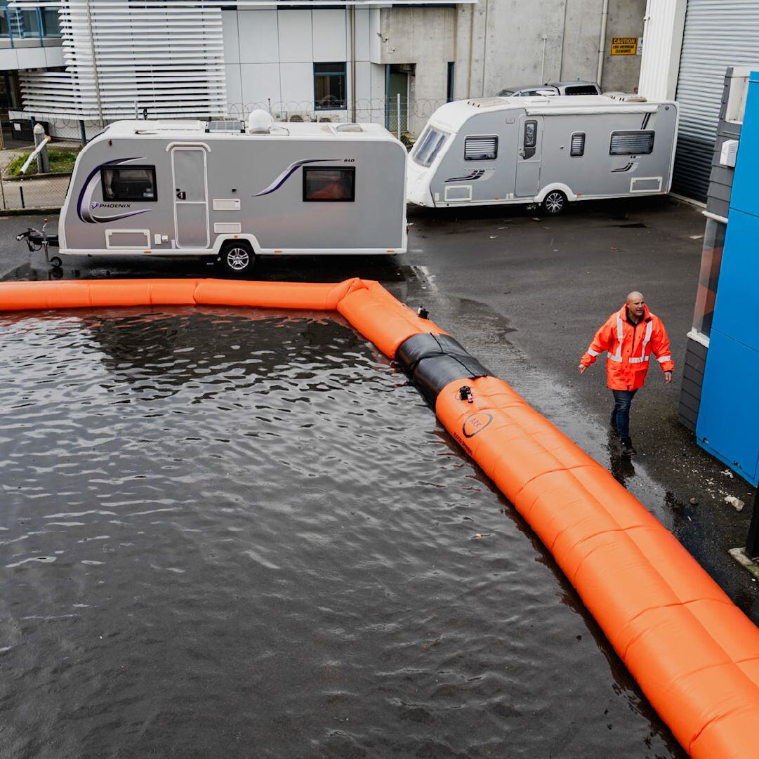 The 14.5m tubes can be connected to make a continuous barrier. Photo / LinkedIn, Tarpaulin Makers