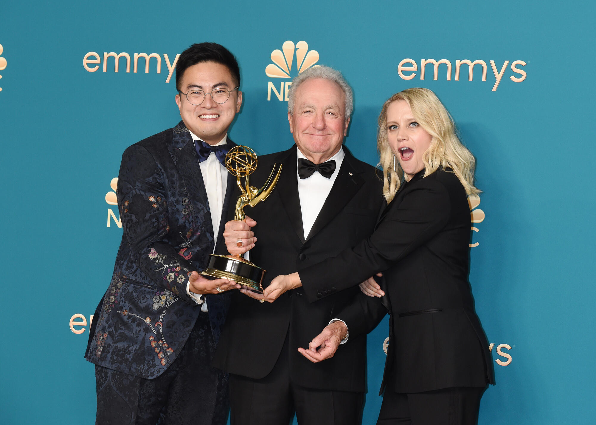 Bowen Yang, Lorne Michaels, and Kate McKinnon, winners of the Outstanding Variety Sketch Series award for ‘Saturday Night Live, ’ at the 74th Primetime Emmy Awards held at Microsoft Theater on September 12, 2022 in Los Angeles, California.