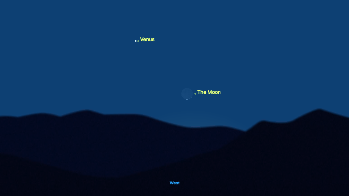 A simulation of the night sky for March 19 showing the thin upturned crescent moon above a silhouetted black horizon with Venus labelled to its upper left in a dark blue sky.