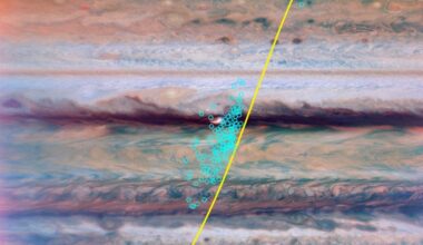 This image shows Juno's track over Jupiter with a yellow line. The blue circles represent a cluster of radio pulses from lightning. These pulses are far more powerful than terrestrial pulses. The source of the lightning might be what's called a "stealth superstorm." Image Credit: Michael Wong et al. (2026, AGU Advances; HST and Juno MWR)