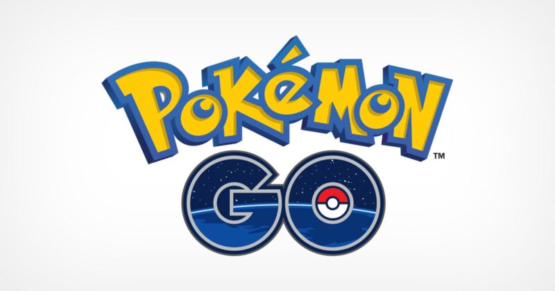 The Pokémon GO logo features "Pokémon" in bold, yellow letters with a blue outline above "GO," with the "O" designed as a Poké Ball against a starry night background.