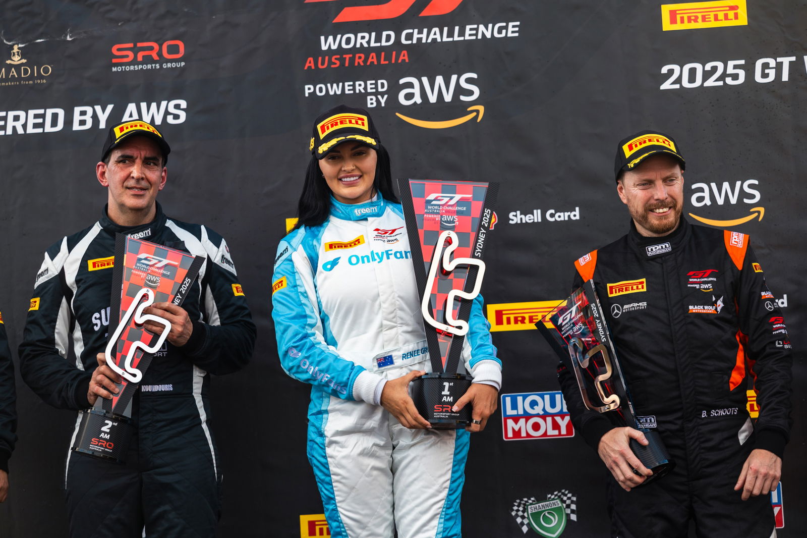 Renee Gracie on the podium at Sydney Motorsport Park after winning the Am class in GT World Challenge Australia. 