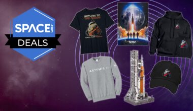 A selection of Artemis 2 merchandise on a space background with a Space.com deals icon