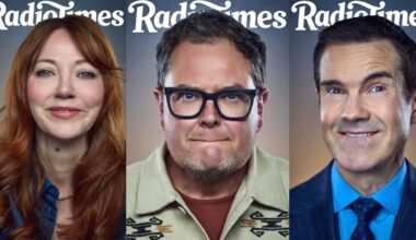 Three people are pictured individually in portrait-style photos in front of a "RadioTimes" backdrop: a woman with red hair, a man with glasses, and a man in a blue suit, all smiling toward the camera.