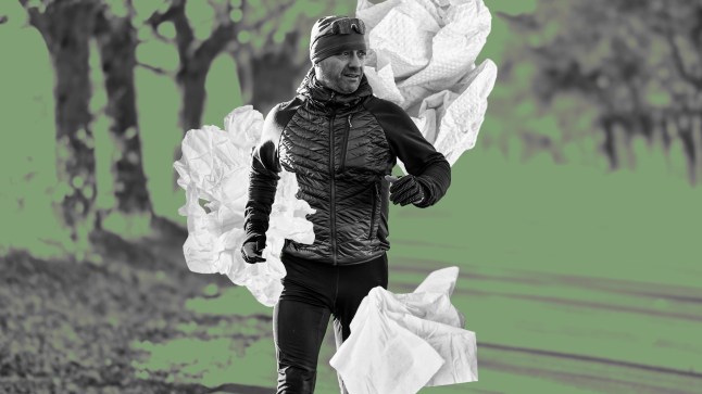 A man runs in the park against a backdrop of tissues.