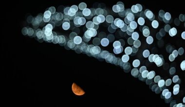 A half-lit moon shines beneath out-of-focus artificial lights arrayed in an arc against a black sky.