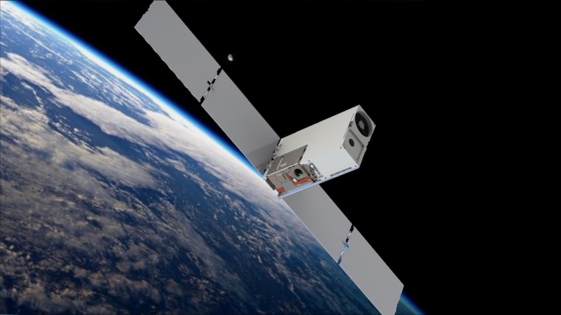 Rectangular satellite with 2 long solar panels above Earth.