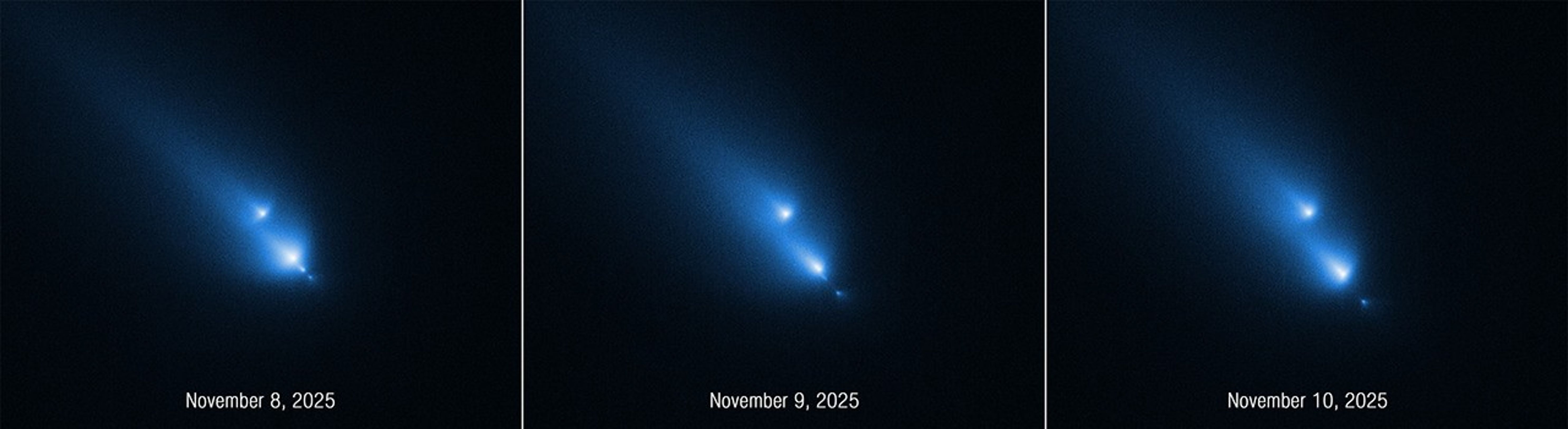 A time sequence of three panels side by side. From left to right, the panels are labeled November 8, 2025; November 9, 2025; and November 10, 2025. This series of images from NASA’s Hubble Space Telescope of the fragmenting comet C/2025 K1 (ATLAS), or K1 for short, was taken over the course of three consecutive days. The sequence shows the progressive disintegration of the comet over this brief period.
Each panel features several bright, fuzzy, blue, streaking lights in a diagonal line from the upper left to the lower right of a black background. In the first panel, four comet-like objects appear. The largest is the second from the upper left. In the second panel, the largest object has broken into two pieces. In the third panel, the pieces appear to be moving away from each other along the invisible diagonal line.