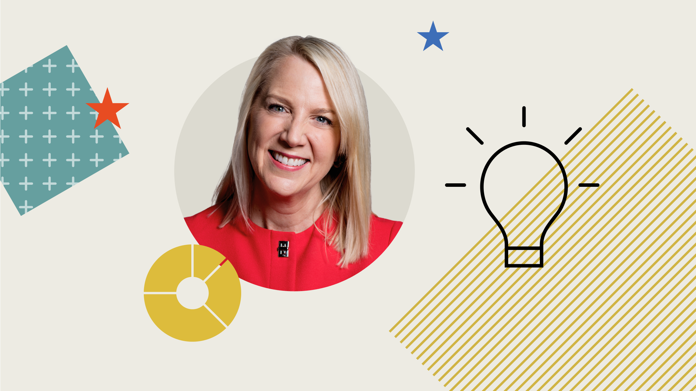 Photo collage illustration of Amy Arnott with icons and shapes