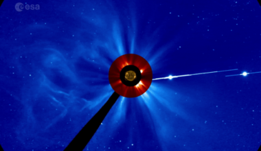 Images of the 2024 solar storm captured by NASA's Solar Dynamics Observatory's instruments, developed by the ESA/NASA. The bright spots to the right of the Sun are Jupiter and Venus. Credit: NASA/ESA