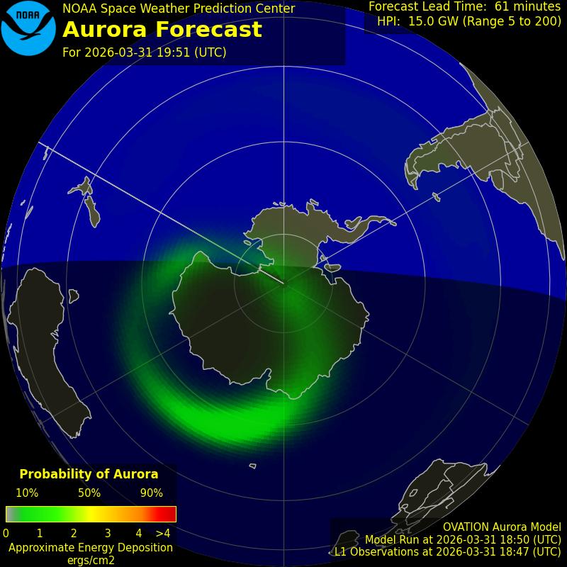 NOAA Space Weather Prediction Center aurora forecast for 31 March 2026. Southern  Hemisphere