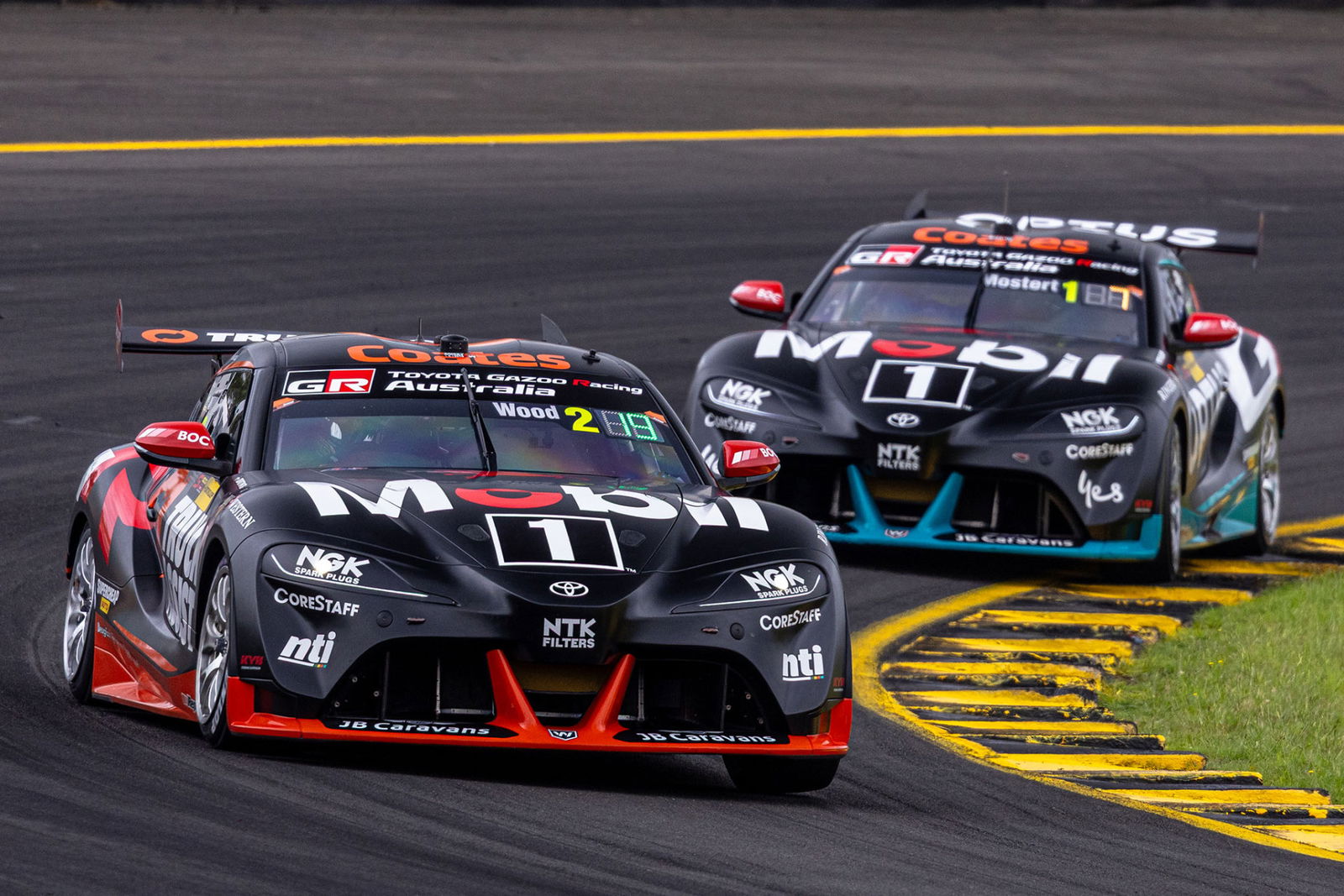 The #2 and #1 Walkinshaw TWG Racing Toyota Supras during the Supercars Sydney 500.