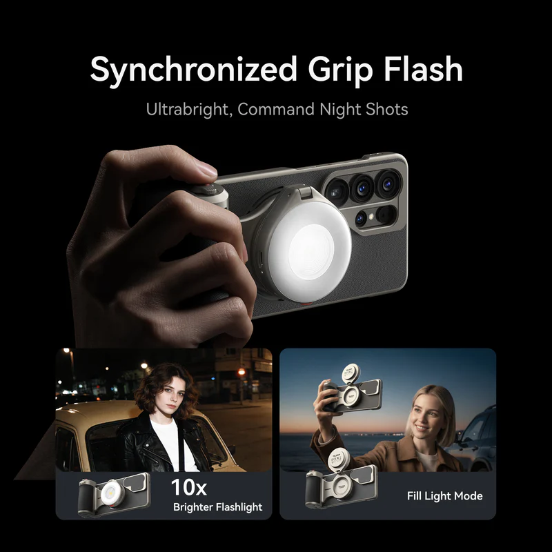 A hand holds a smartphone with a circular flash attachment, emitting a bright light. Two smaller images below show people using the flash at night, highlighting its brightness and fill light mode. Text describes it as "Synchronized Grip Flash.