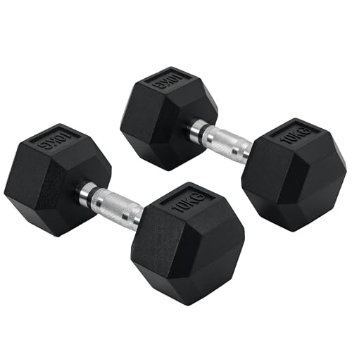 Homcom 2x10kg Rubber Hex Dumbbell Set Anti-Rolling Free Weights Dumbbells Pair With Knurled Grip for Home Gym Strength Training Exercise