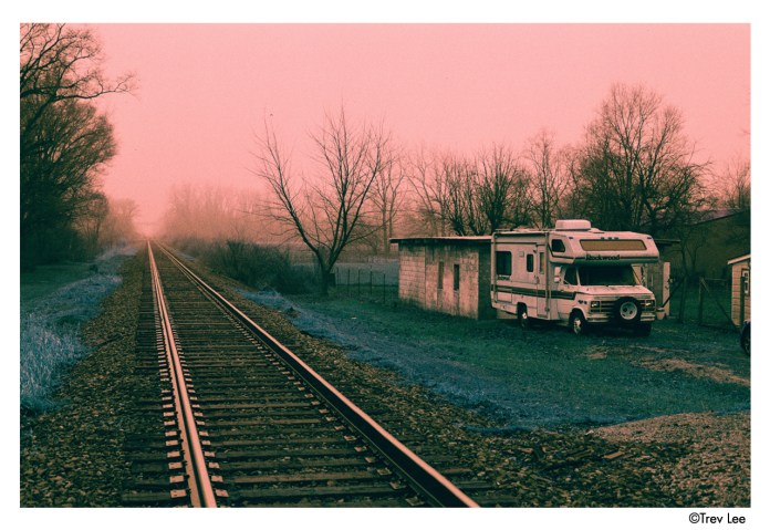 Camper van next to empty railway track (Pic: Trev Lee)