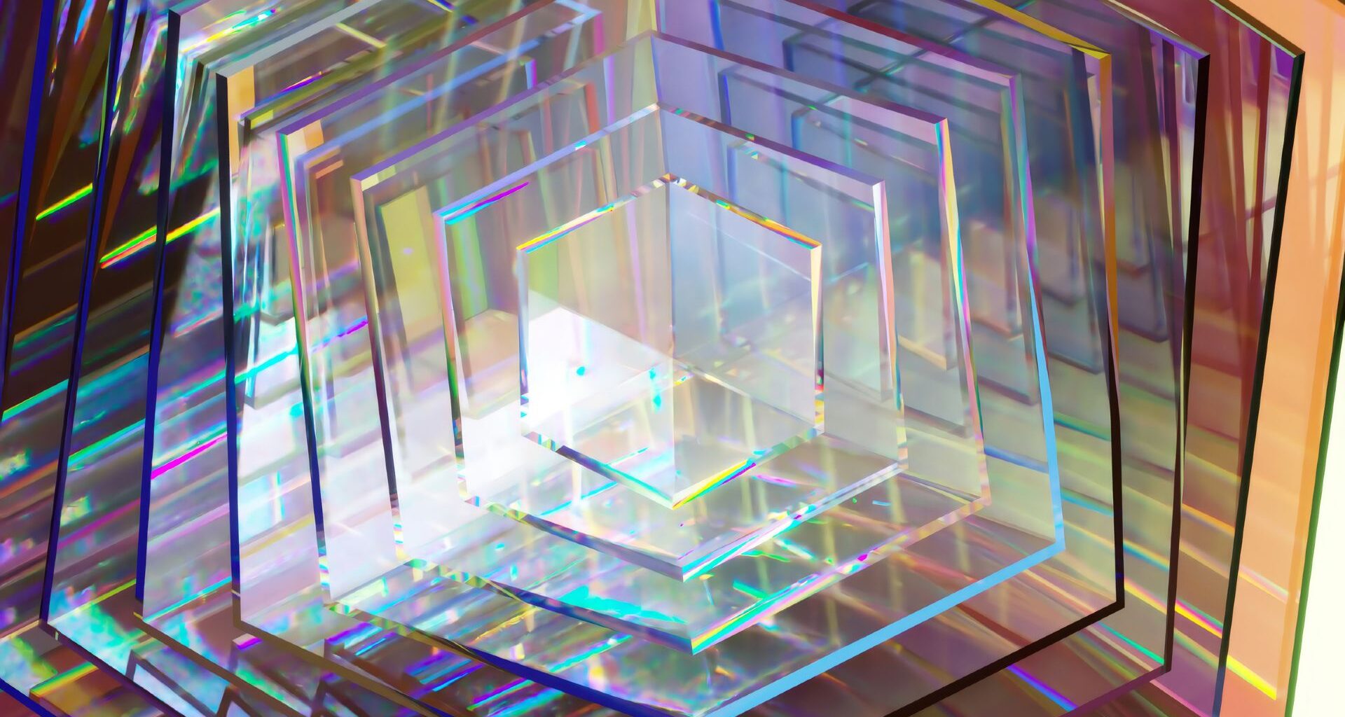 A series of hexagonal clear pieces, reflecting rainbow prisms