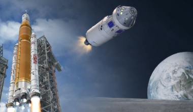 a rocket launches on the left while a spacecraft flies above the lunar surface on the right.