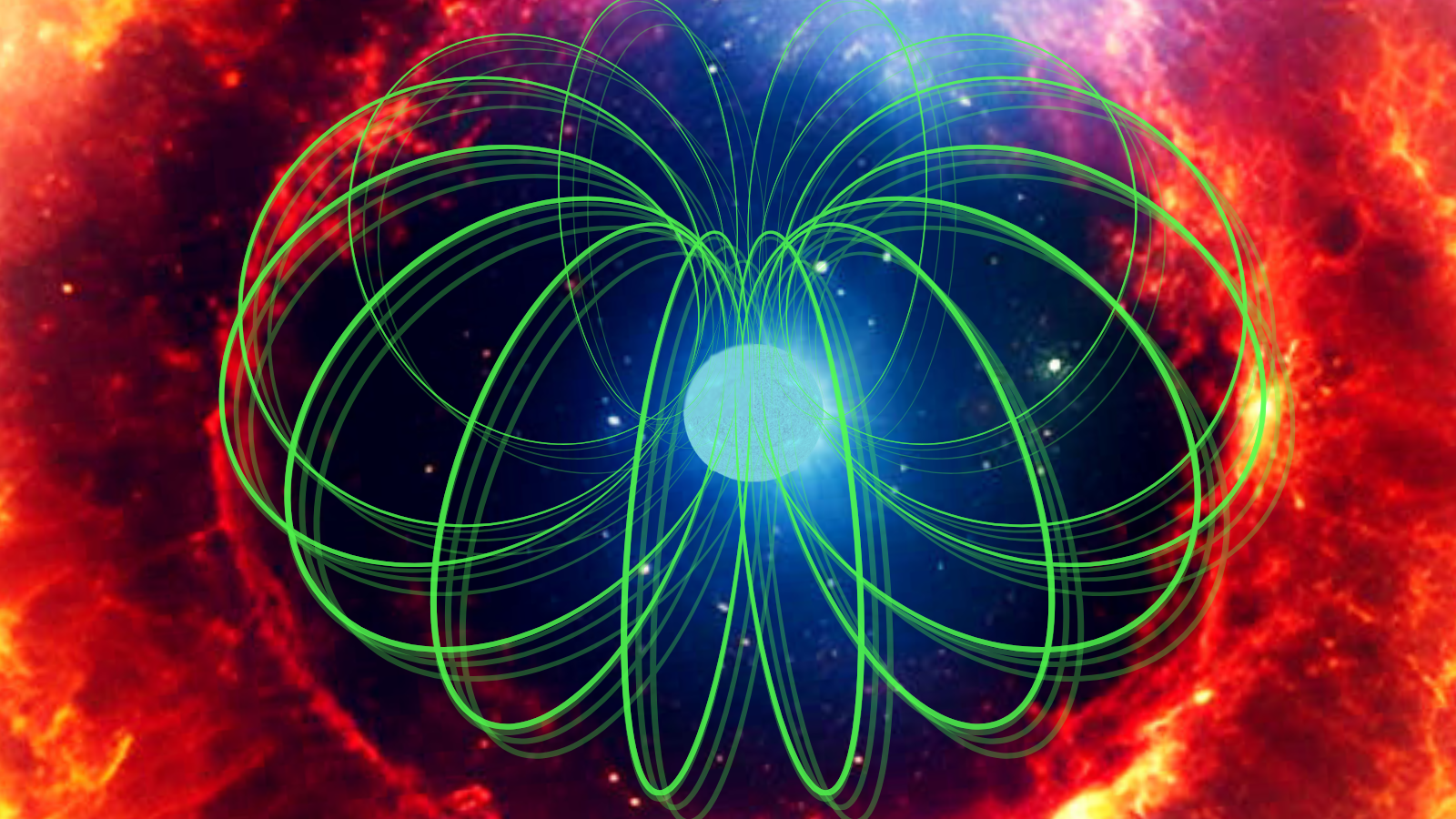 Ann illustration shows a magnetar surrounded by green magnetic field lines
